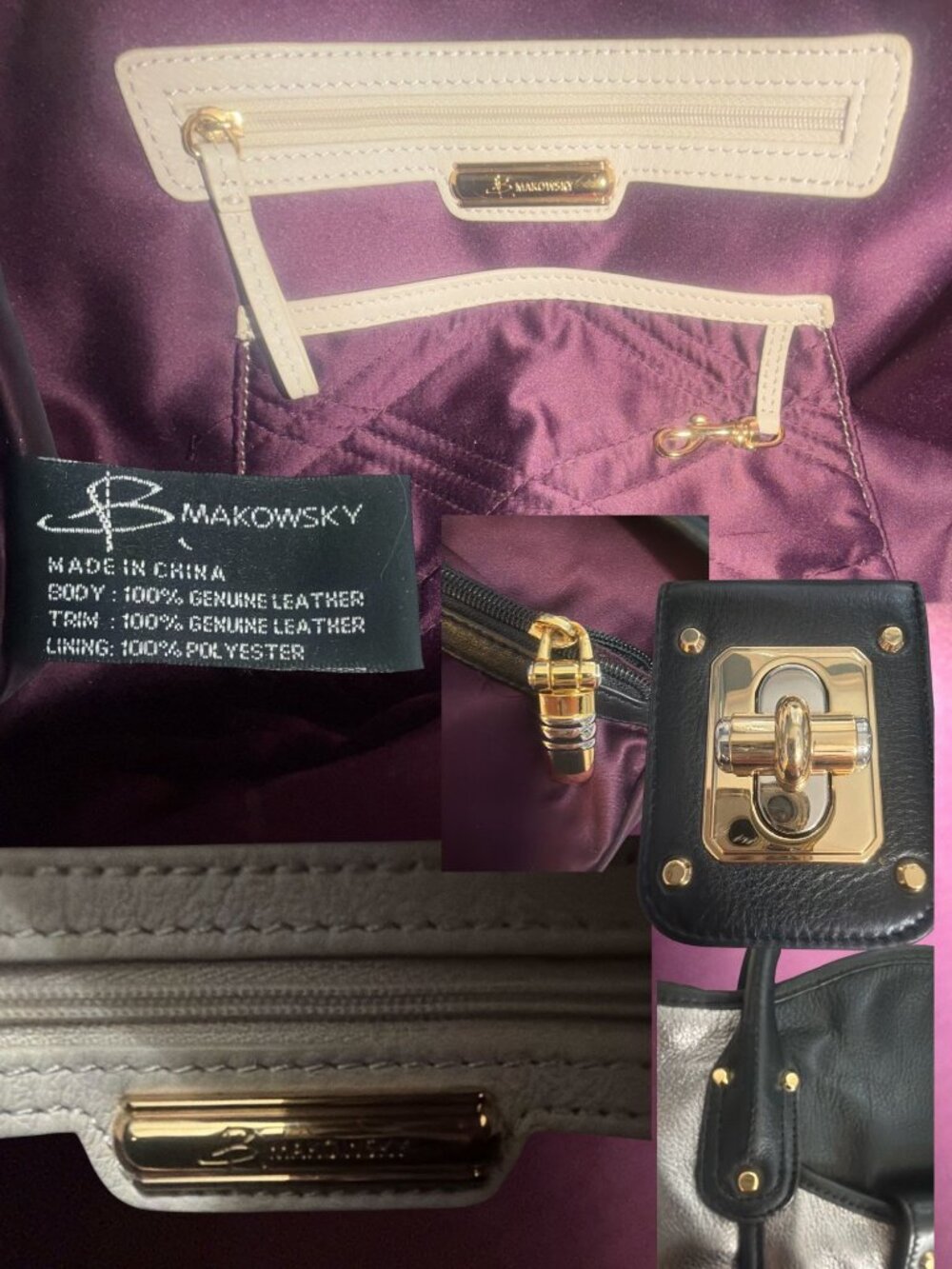 B Makowsky Nolita Turnlock Satchel Silver Black Colorblock Leather Shoulder Bag - Picture 8 of 8